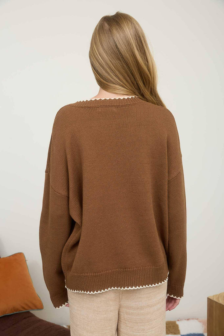 Women's Sweaters - CONTRAST STITCH TRIM CREWNECK PULLOVER SWEATER - BROWN - Cultured Cloths Apparel