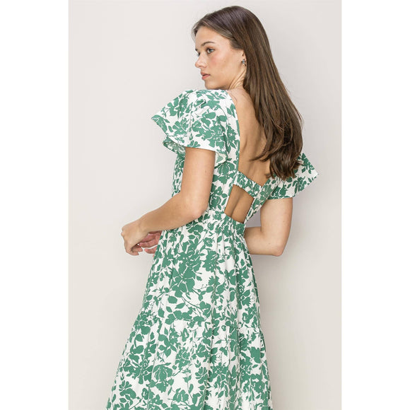 Women's Dresses - Floral Print Cutout Midi Dress - GREEN - Cultured Cloths Apparel