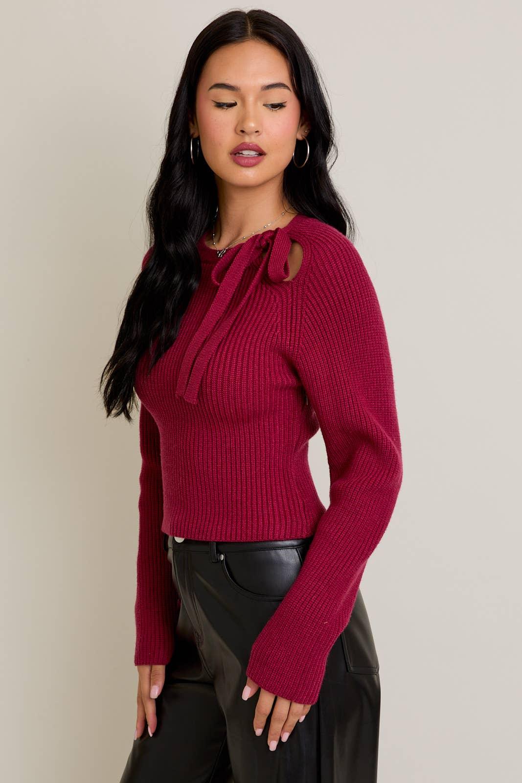 Women's Sweaters - ROUND NECK SWEATER WITH RIBBON BOW DETAIL ON THE SHOULDER - - Cultured Cloths Apparel