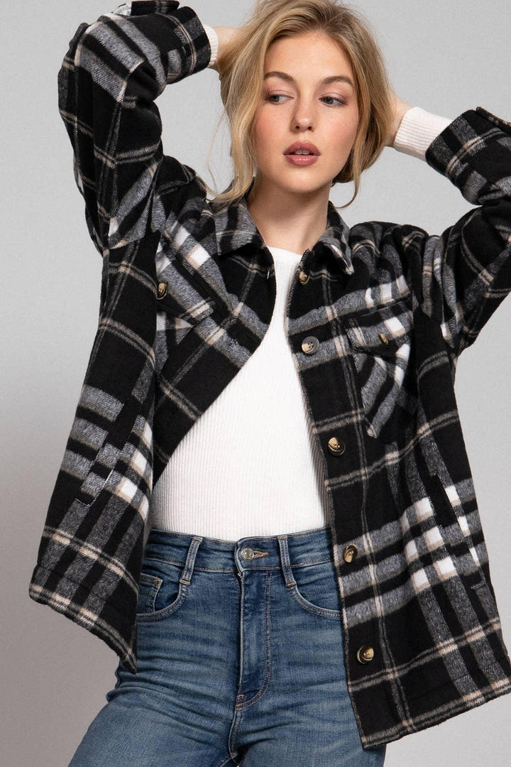 Outerwear - Long Sleeve Inside Faux Fur Brushed Plaid Jacket - - Cultured Cloths Apparel