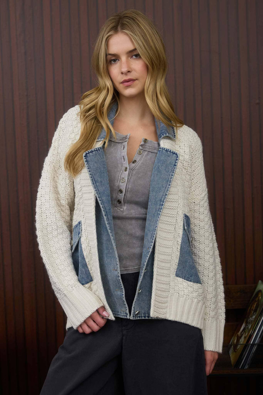Outerwear - MIXED MEDIA CABLE KNIT DENIM TRIM JACKET - - Cultured Cloths Apparel