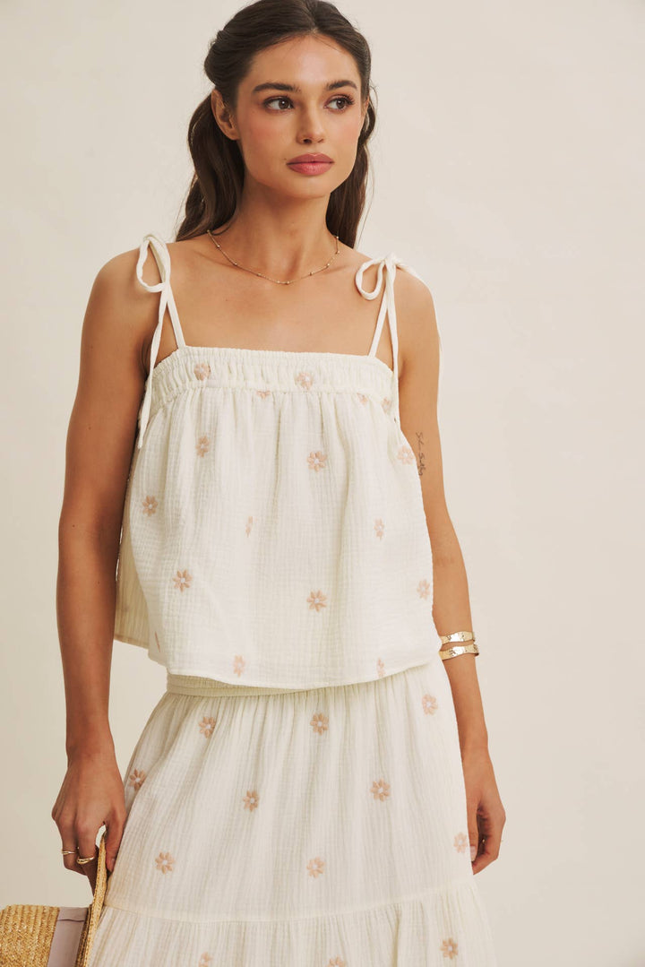 Women's Skirts - SUNSET FIELD EMBROIDERED COTTON GAUZE SMOCKED MIDI SKIRTS - - Cultured Cloths Apparel