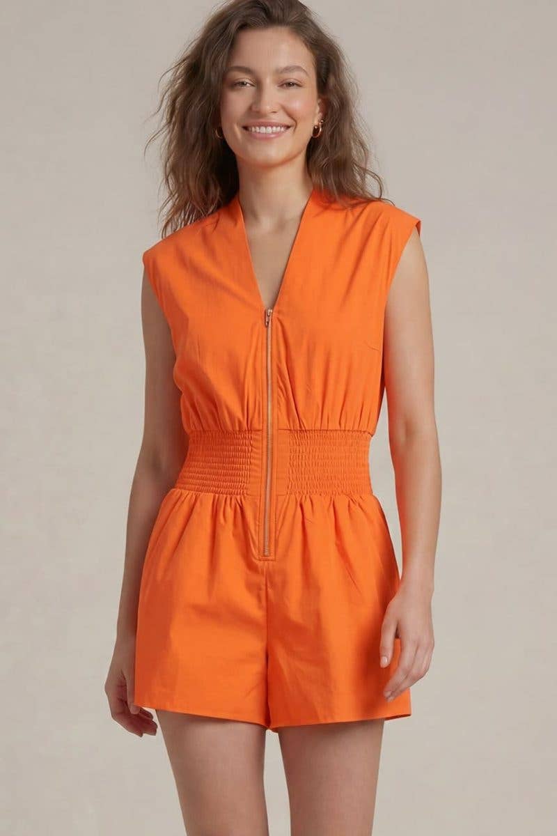 Romper - Cap Sleeve Woven Smocked Waist Front Zip Romper - SMALL - Cultured Cloths Apparel