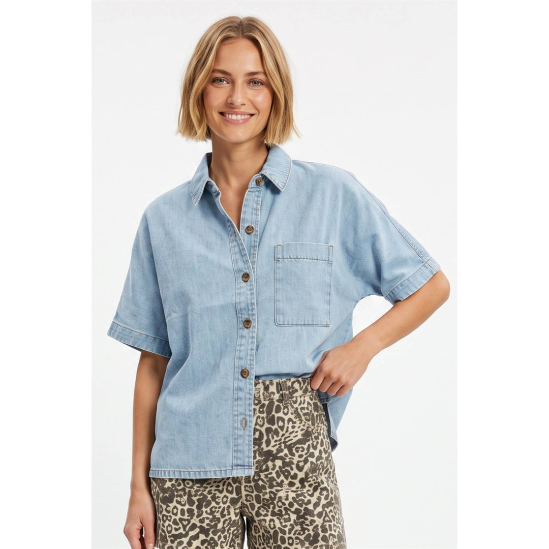 Short sleeve denim button up shirt