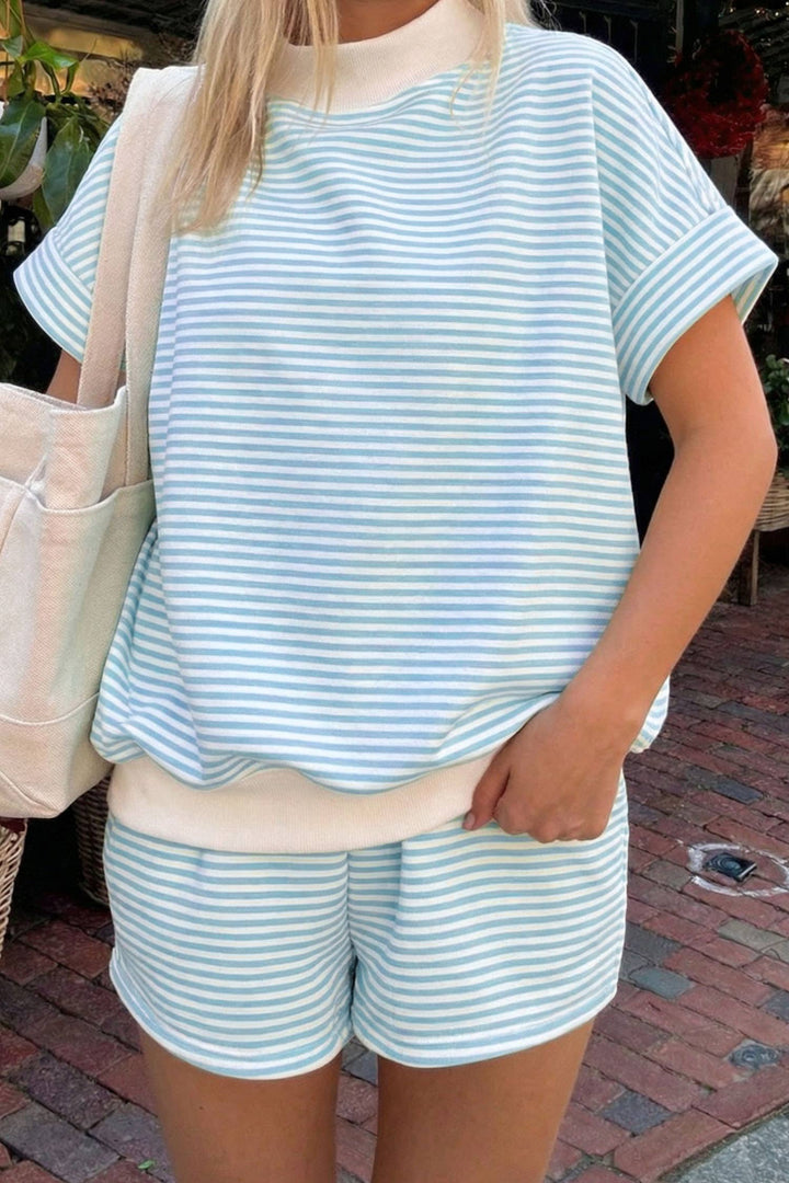 Athleisure - Blue Stripe Mock Neck Tee Casual 2pcs Short Sets - - Cultured Cloths Apparel