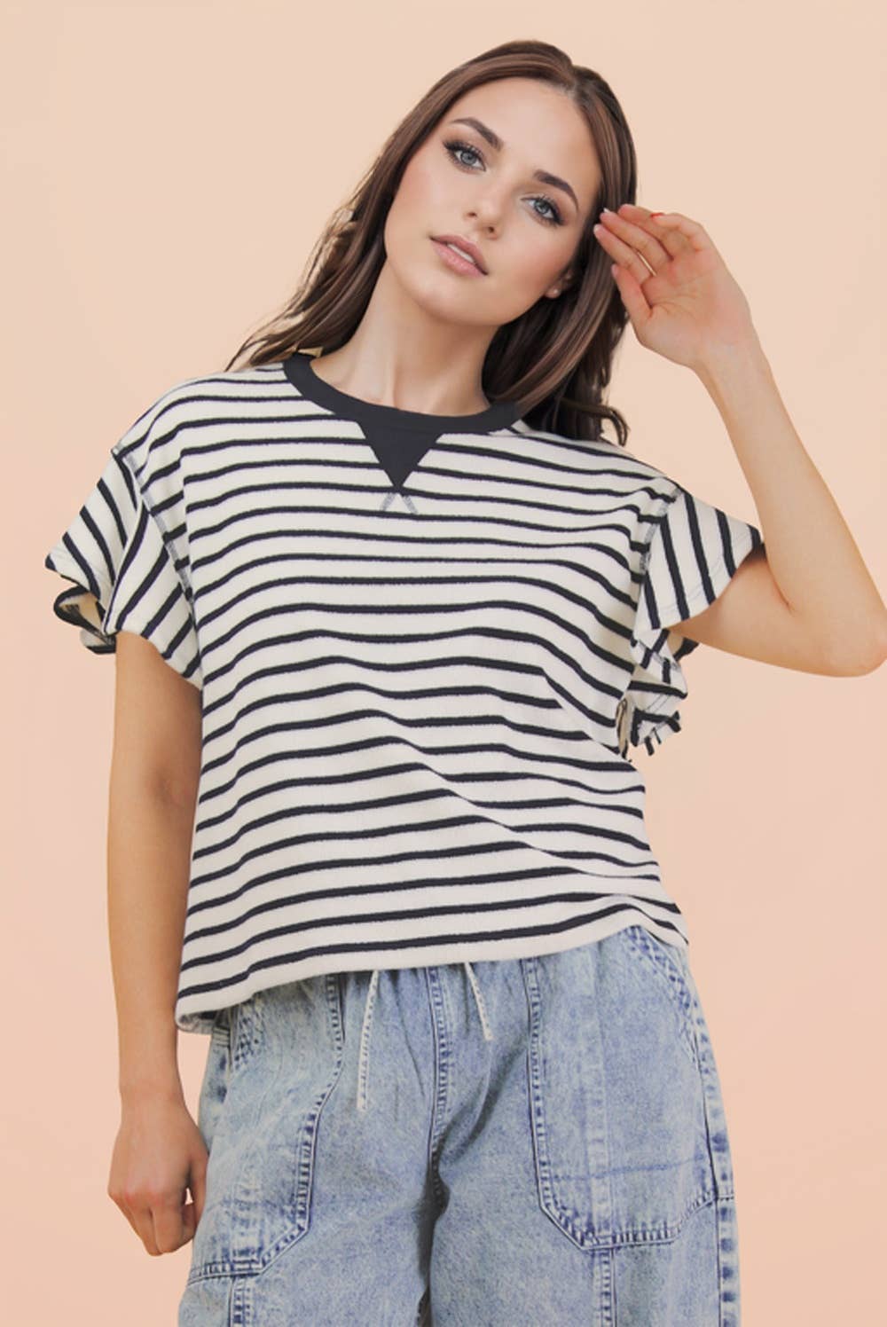 Oversized Ruffle Sleeve Casual Stripe Knit Top