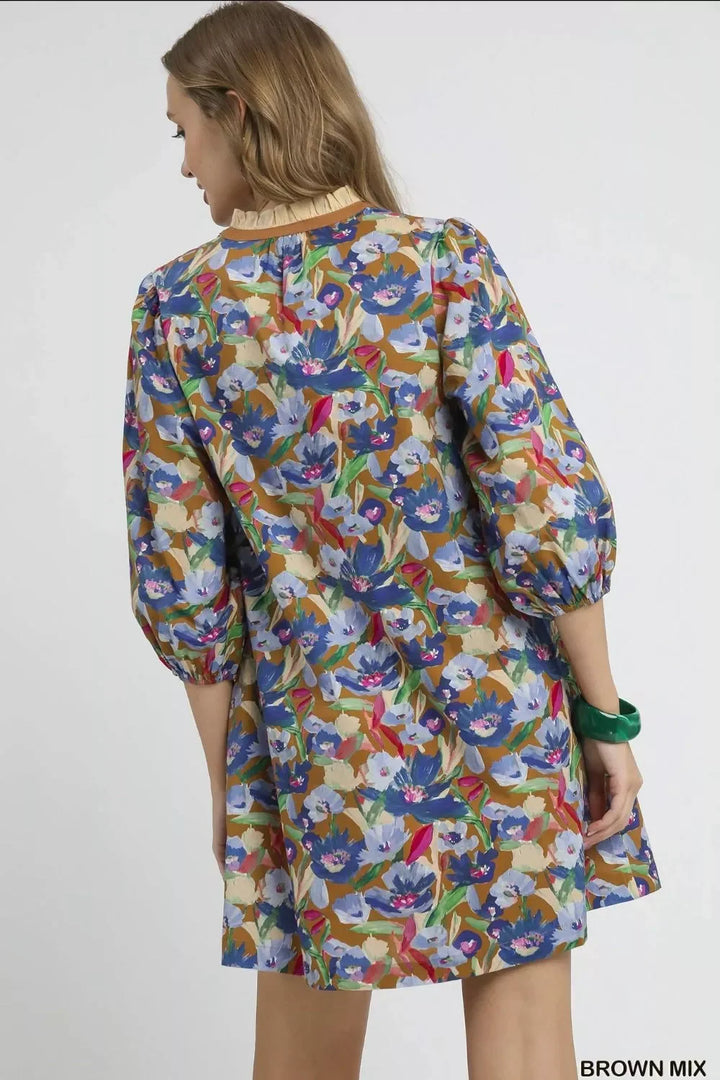 Women's Dresses - Umgee Boho Floral Balloon Sleeve Mini Dress - - Cultured Cloths Apparel