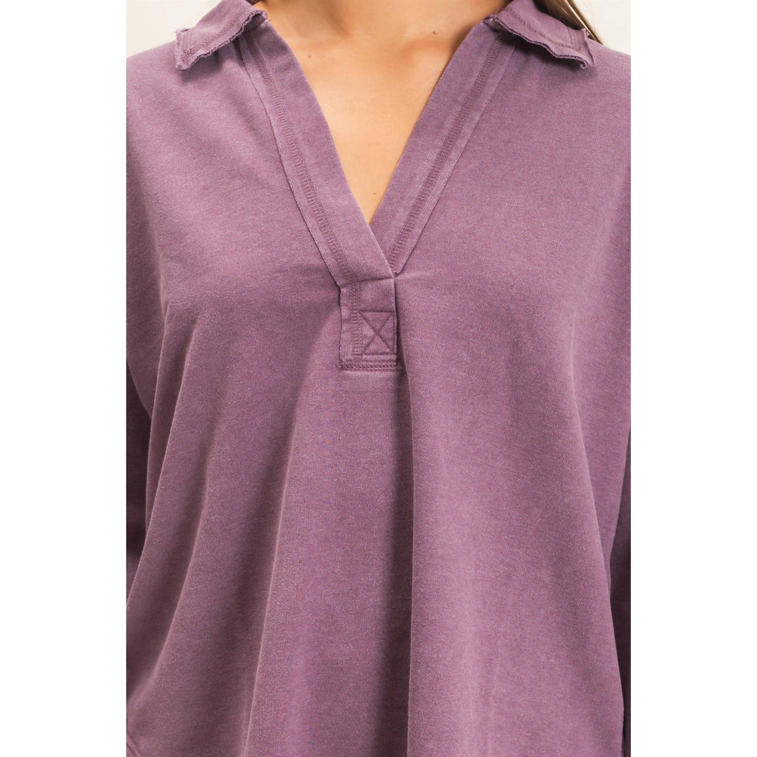 Mineral Washed Polo Collar Long Sleeve Top