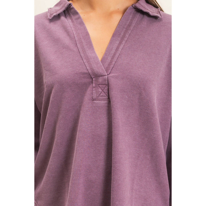 Mineral Washed Polo Collar Long Sleeve Top