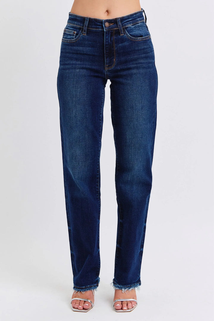 Denim - Judy Blue Full Size Raw Hem Straight Leg Jeans - Dark - Cultured Cloths Apparel