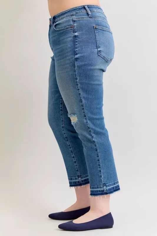 Denim - Judy Blue Full Size Mid Rise Bf Patch & Repair Destroy Release Hem Jeans Plus Size - - Cultured Cloths Apparel