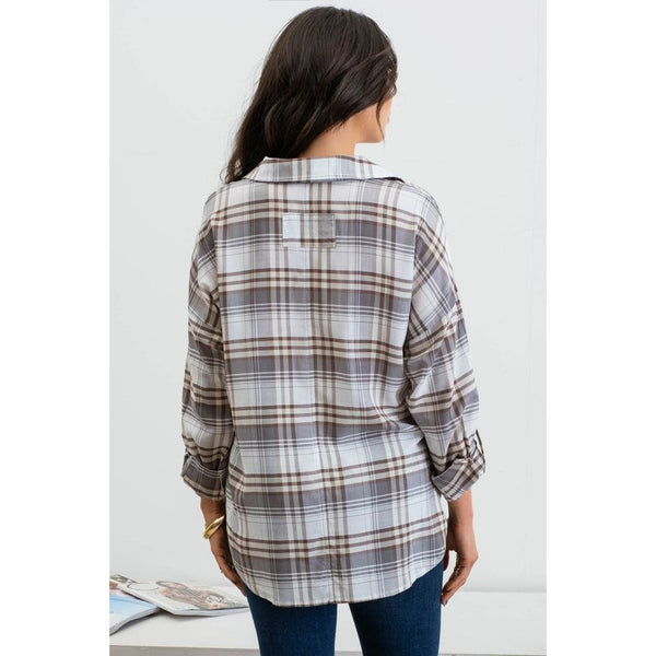 Women's Long Sleeve - Collared Plaid Split Neck Top -  - Cultured Cloths Apparel