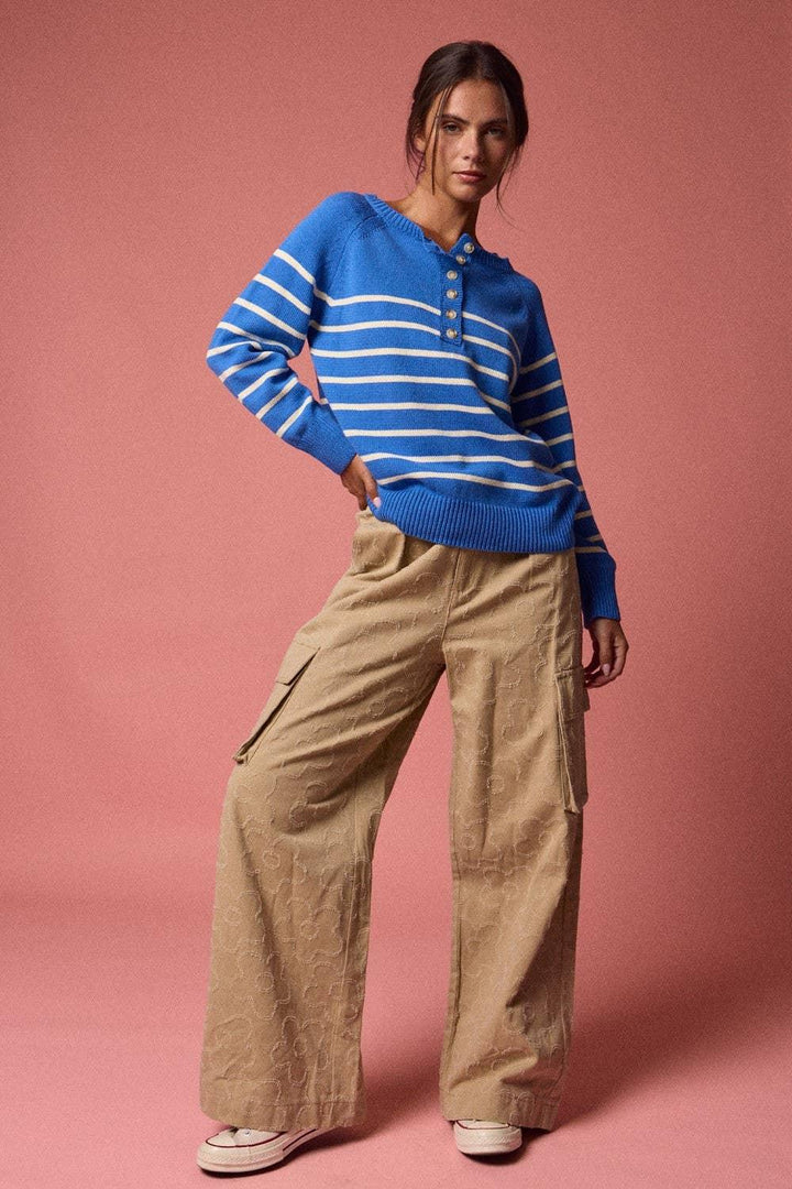 Women's Sweaters - Knit Henley Placket Striped Sweater Top - - Cultured Cloths Apparel