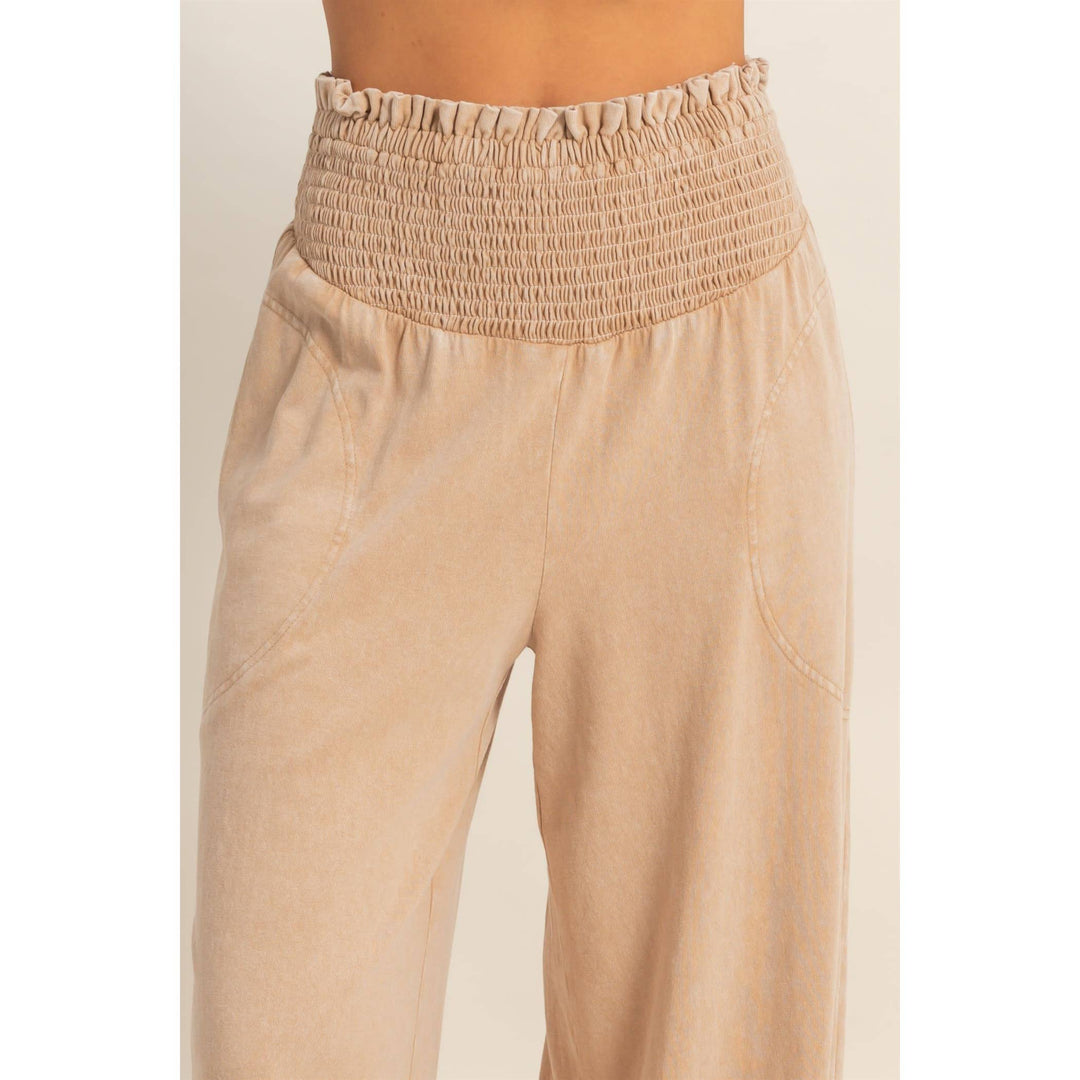 Mineral Washed Wide-Leg Smocked Waist Pants
