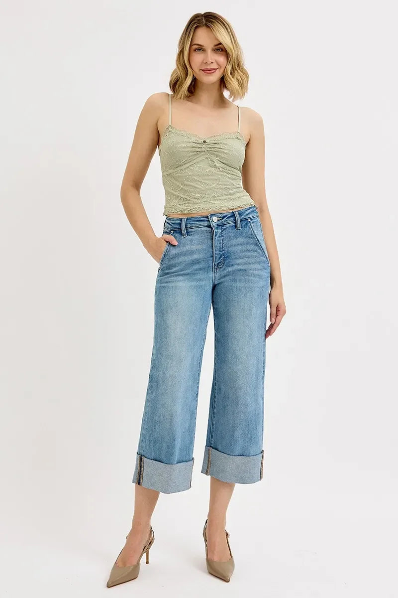 Denim - RISEN Full Size Tummy Control High Rise Ankle Wide Cuffed Jeans Plus Size - - Cultured Cloths Apparel