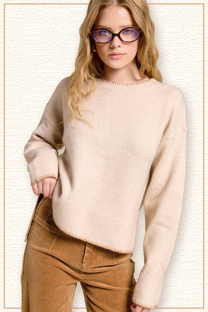 Hi-Low Crew Neck Sweater W/ Contrast Blanket Stitch
