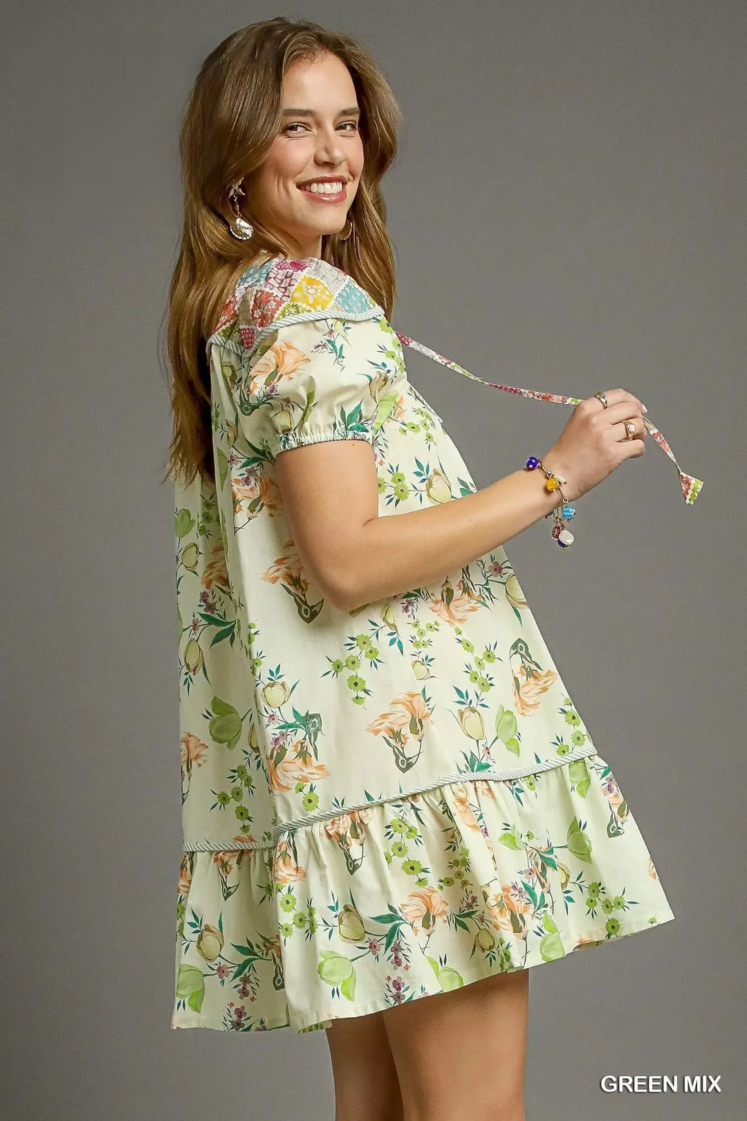 Women's Dresses - Umgee Floral Print Tie Neck Puff Sleeve Dress - - Cultured Cloths Apparel