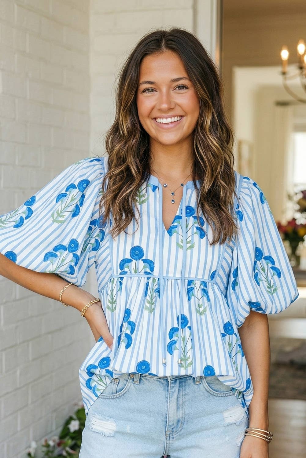 Striped Floral Bubble Sleeve Blouse (S-XL)
