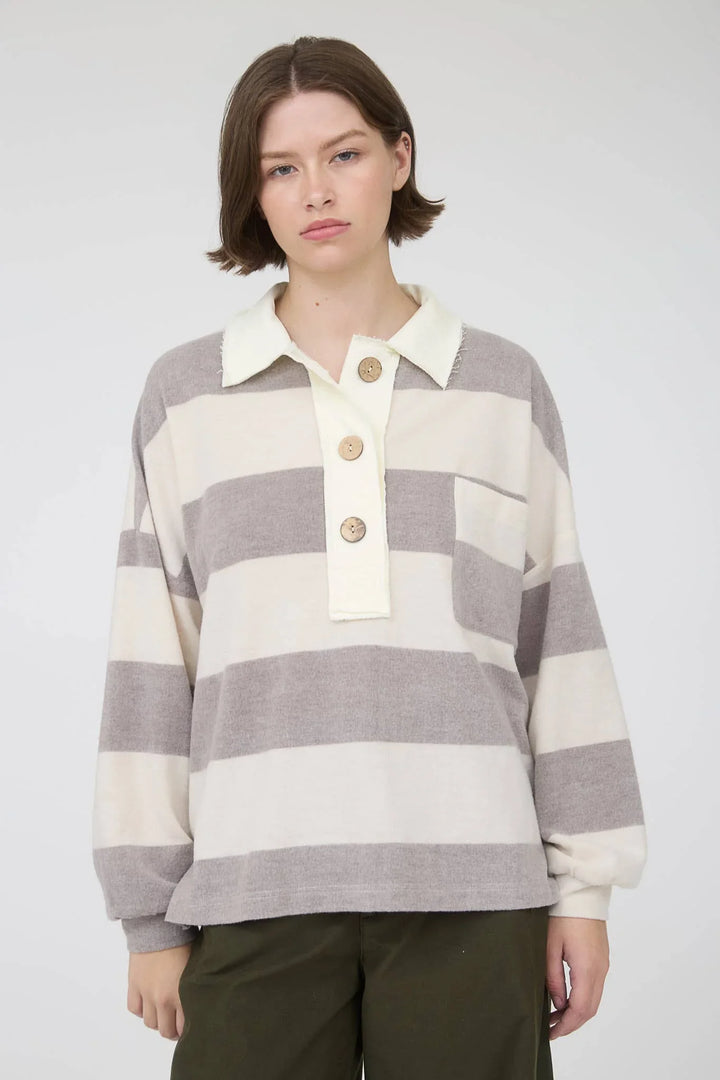 Women's Long Sleeve - WASHED STRIPE CONTRAST COLLAR LONG SLEEVE KNIT TOP - TAUPE - Cultured Cloths Apparel