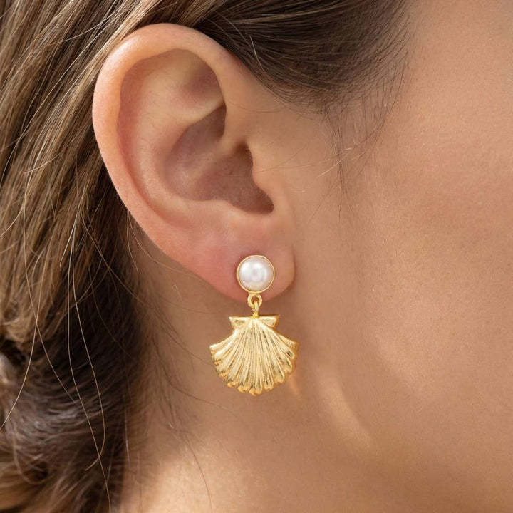 Accessories, Earrings - Clam Shell And Pearl Sea Life Stud Dangle Earrings - WHG4 - Cultured Cloths Apparel