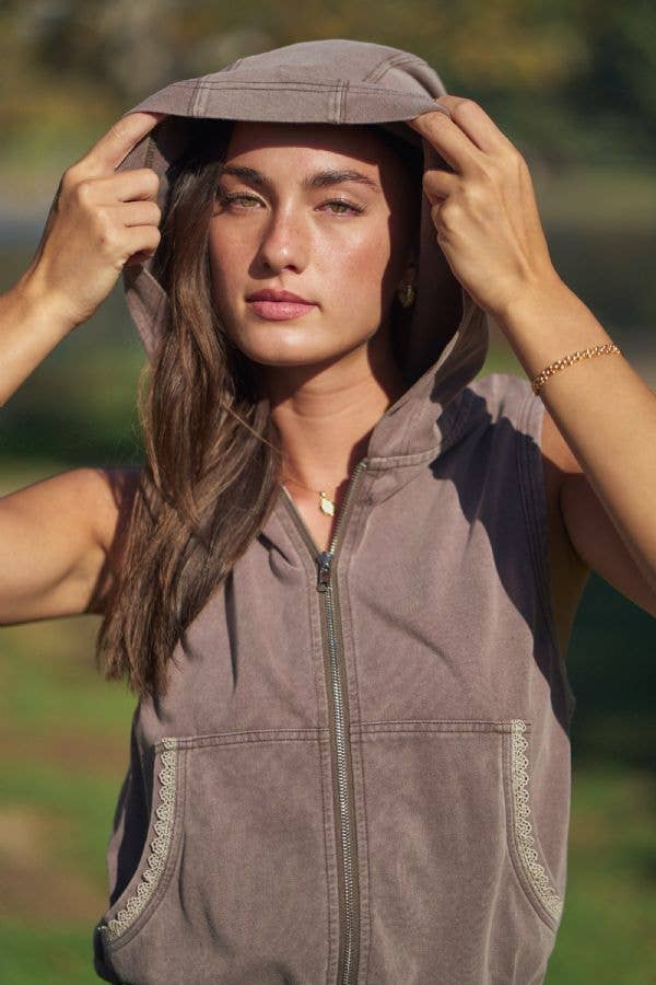 Washed Lace Trim Sleeveless Hooded Jumpsuit