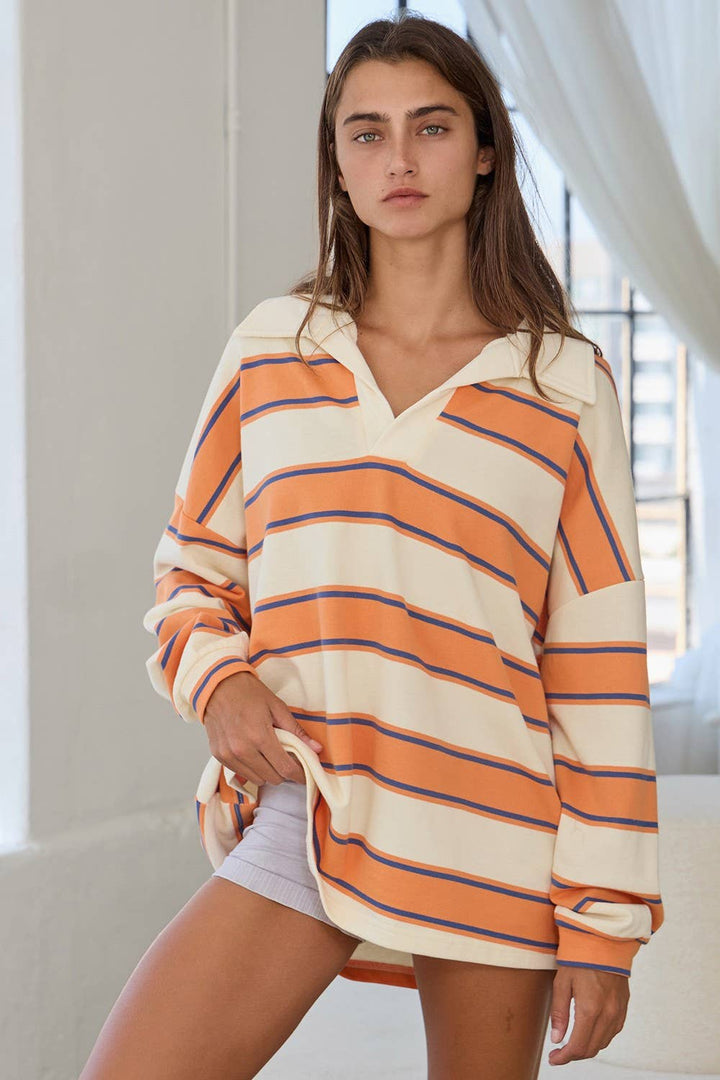 IT2417 Contrast Collared Neck Striped Polo Tunic Top