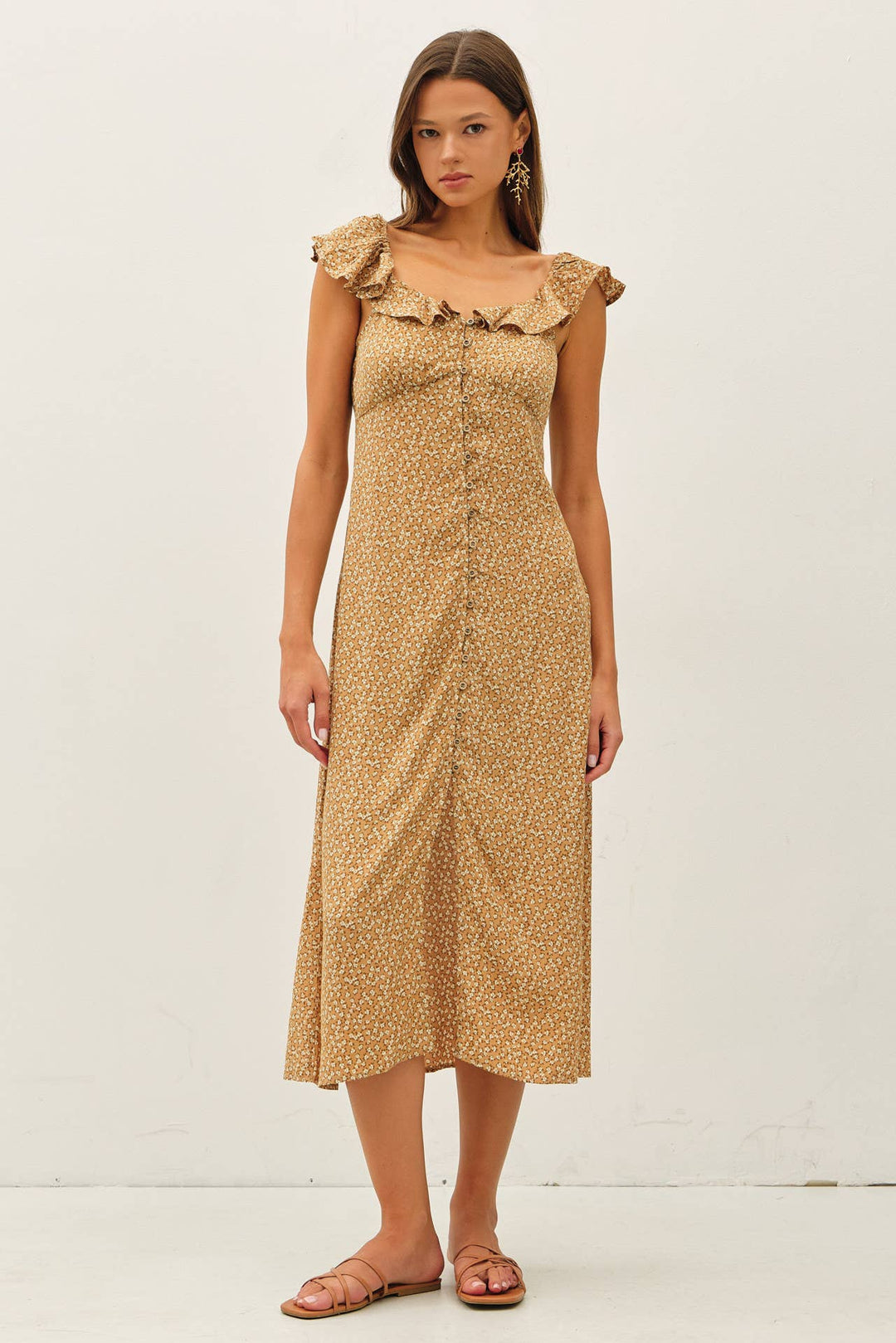 VITAGE DITSY PRINT RUFFLEED MIDI DRESS