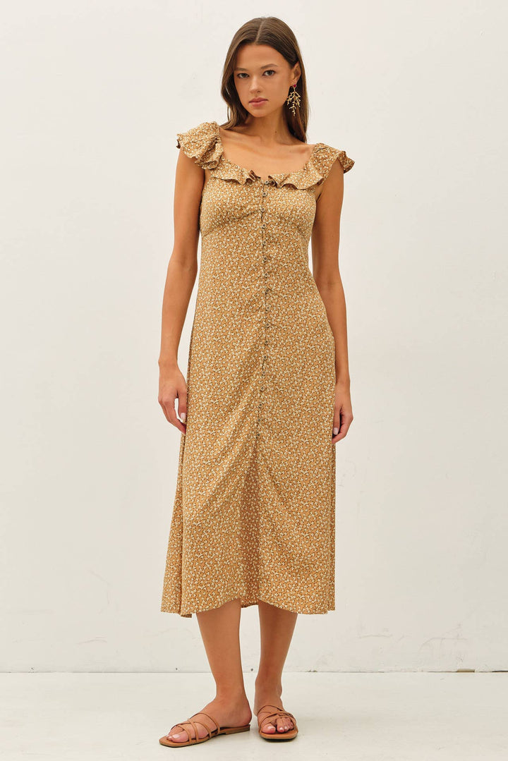 VITAGE DITSY PRINT RUFFLEED MIDI DRESS