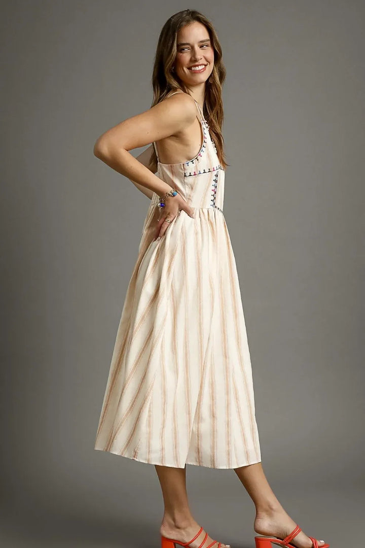 Women's Dresses - Umgee Striped Colorful Embroidered Trim Cami Dress - - Cultured Cloths Apparel