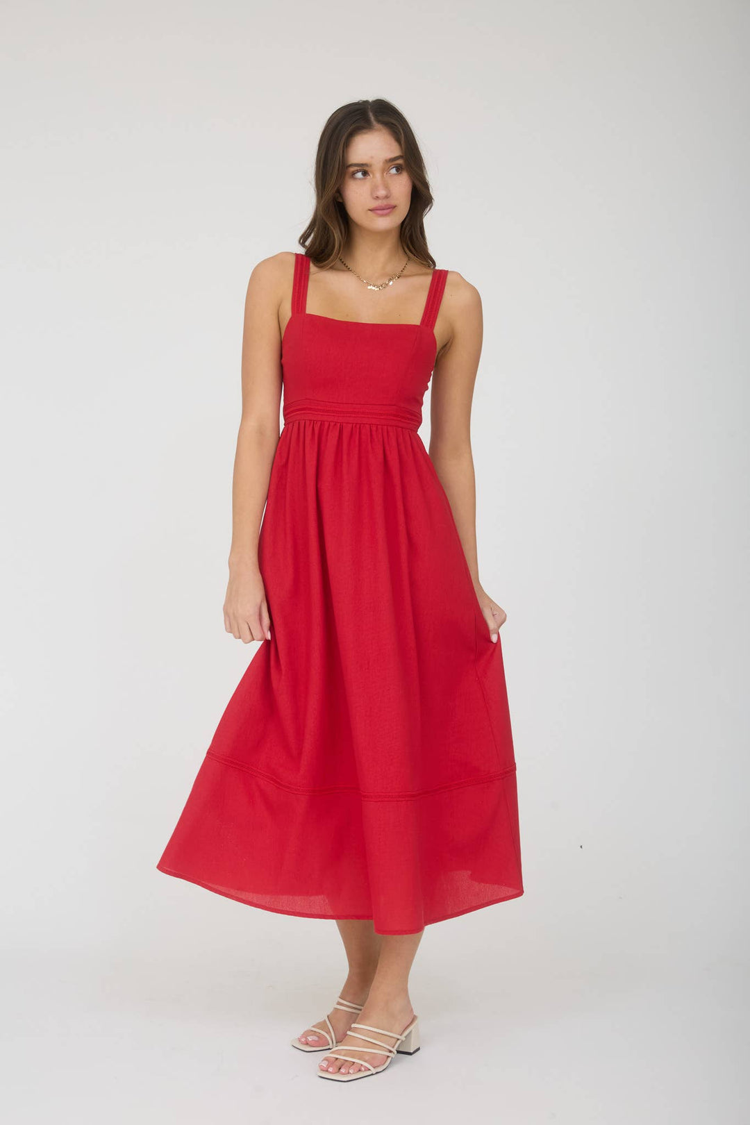 Line Lace Trim Sleeveless Midi Dress Red / Large Line Lace Trim Sleeveless Midi Dress Red / Large