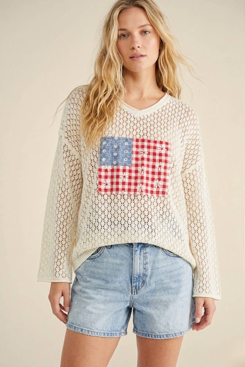 U.S.A Flag Patchwork Open Knit Top