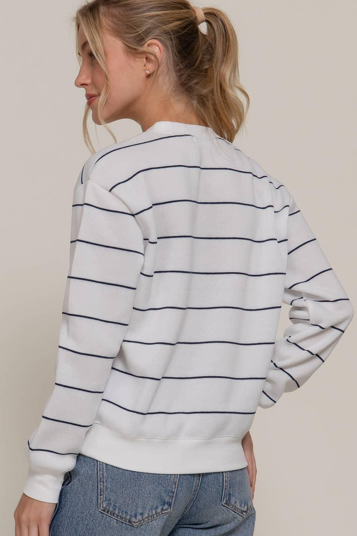 Women's Sweaters - Long Sleeve Engineer Stripe Inner Fleece Sweatshirt - - Cultured Cloths Apparel