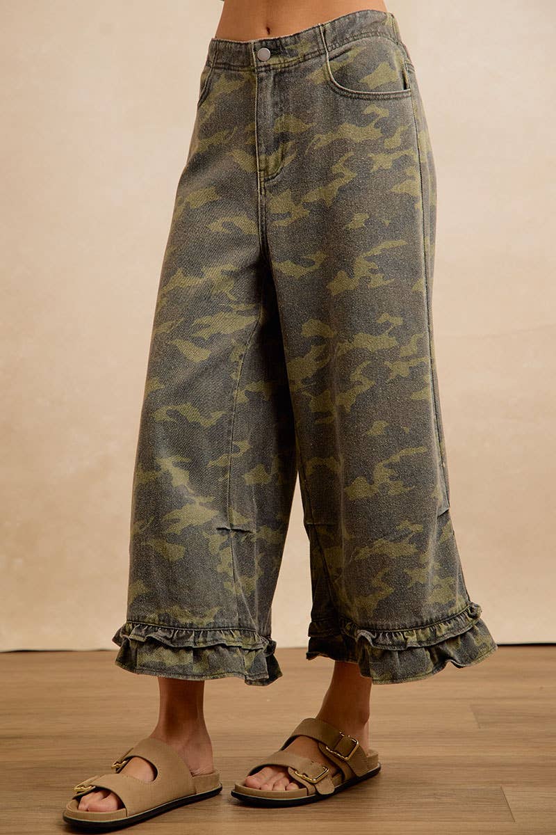 Pants - CAMOUFLAGE DENIM RUFFLED HEM MID RISE PANTS - - Cultured Cloths Apparel