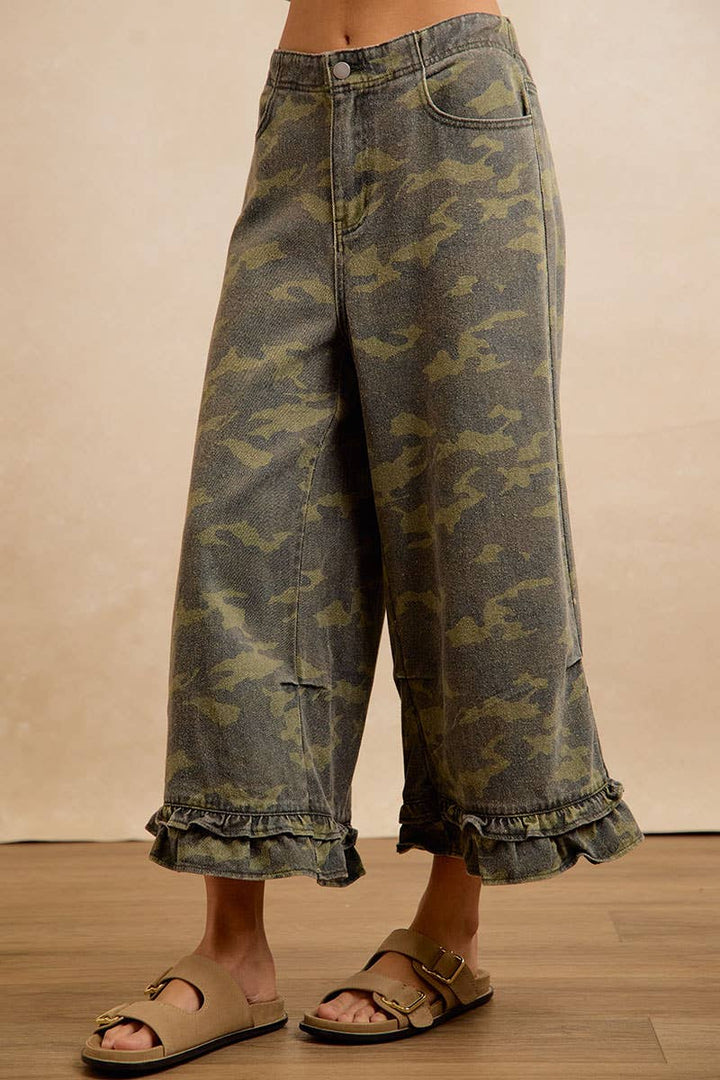 Pants - CAMOUFLAGE DENIM RUFFLED HEM MID RISE PANTS - - Cultured Cloths Apparel