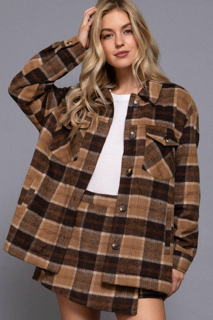 Outerwear - Long Sleeve Inside Faux Fur Brushed Plaid Jacket - KHAKI/BRN - Cultured Cloths Apparel