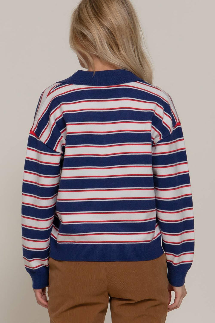 Women's Sweaters - Long Sleeve Multi Stripe Polo Sweater - - Cultured Cloths Apparel