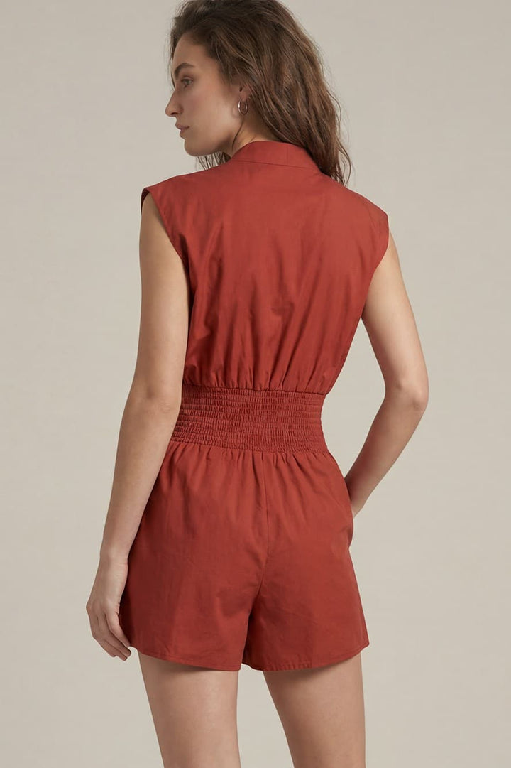 Romper - Cap Sleeve Woven Smocked Waist Front Zip Romper - - Cultured Cloths Apparel