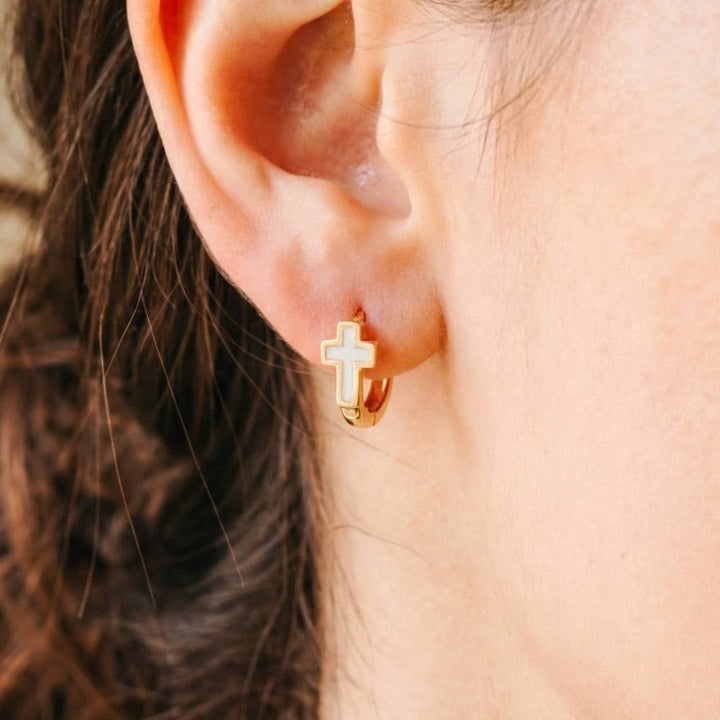 Accessories, Earrings - Gold Dipped Enamel Cross Huggie Hoop Earrings - GOLD - Cultured Cloths Apparel