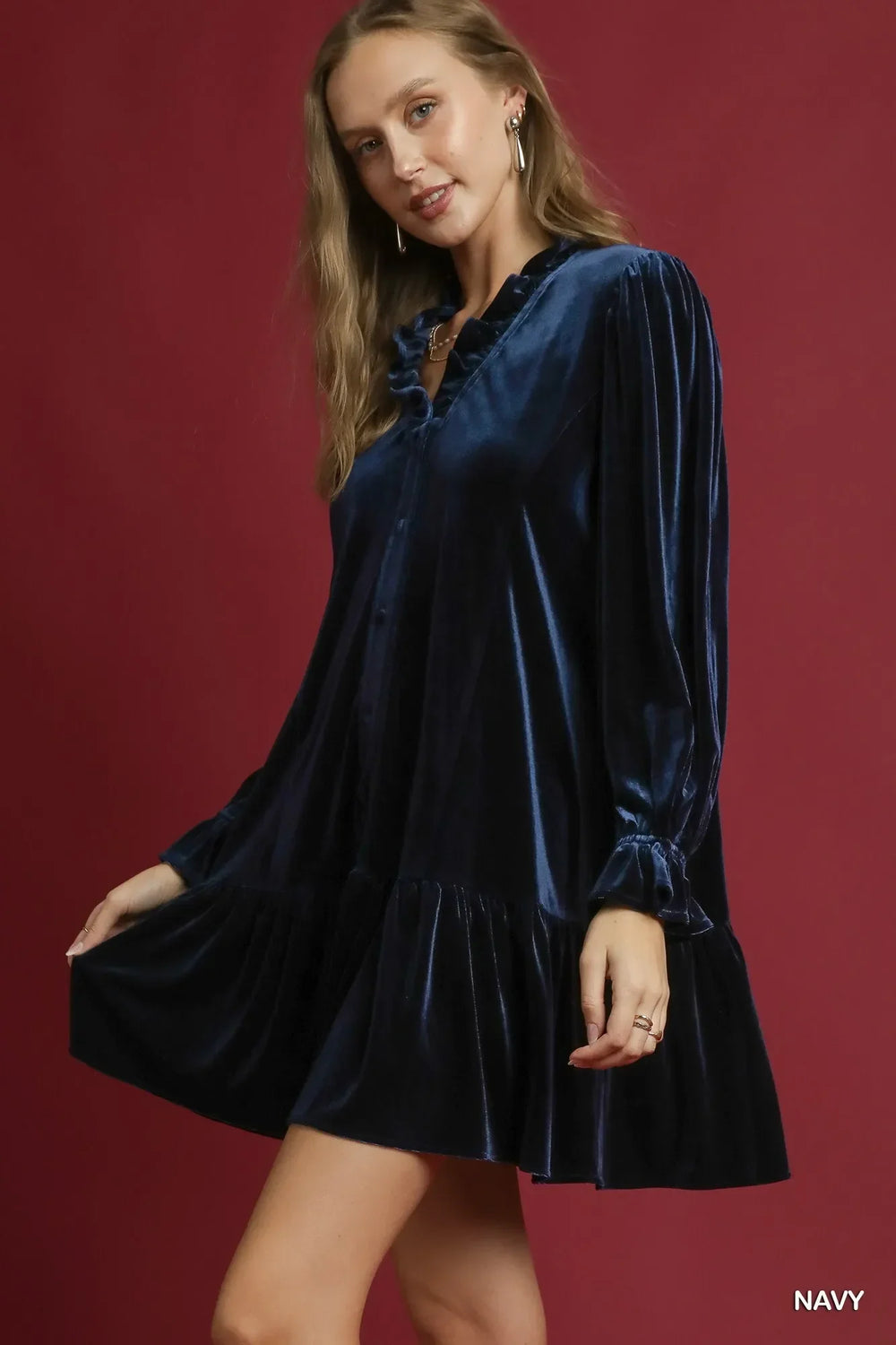 Women's Dresses - Umgee Velvet Ruffle Trim Mini Dress - - Cultured Cloths Apparel