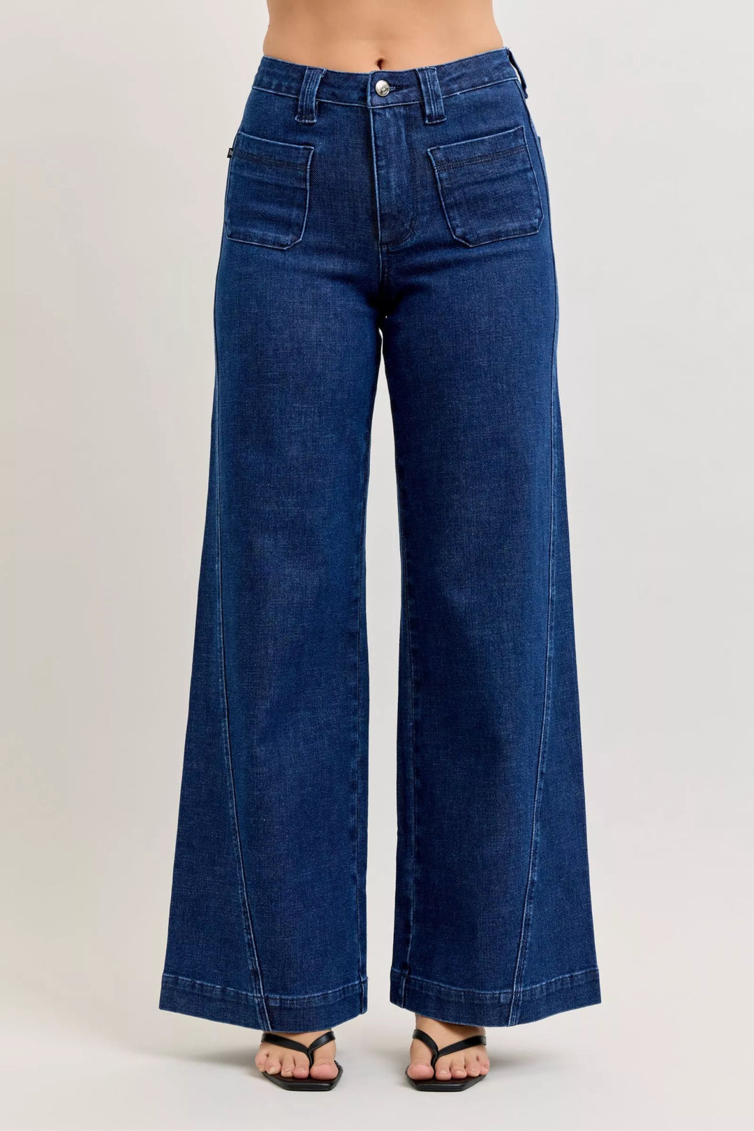 Denim - Judy Blue High-Waisted Retro Wide Jeans with Patch Pkts & Twisted Seams - DK - Cultured Cloths Apparel