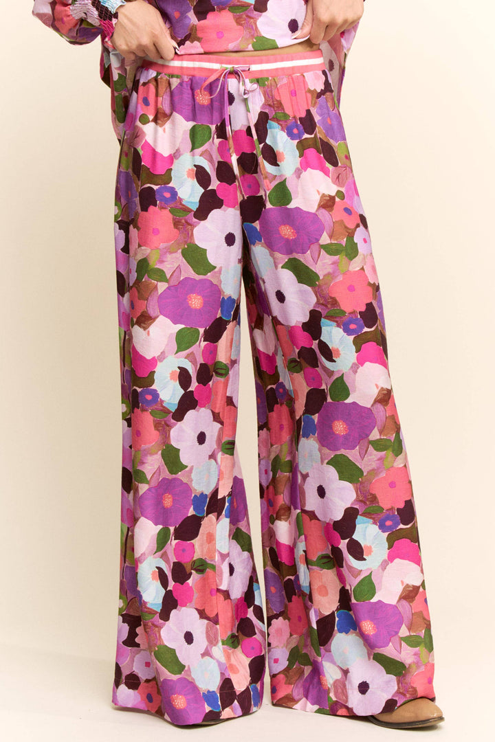 Pants - BERRY FLORAL PRINT WIDE-LEG PANTS WITH DRAWSTRING WAIST - S - Cultured Cloths Apparel