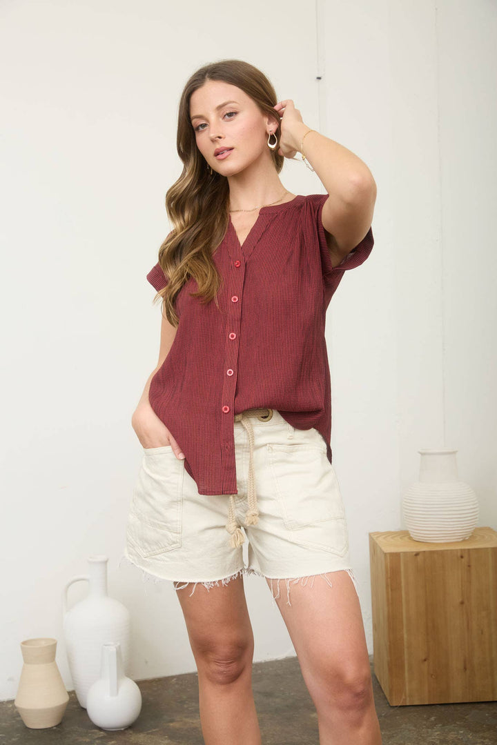 Women's Short Sleeve - PINSTRIPE SHORT CUFF SLEEVE BUTTON DOWN SHIRT - BURGUNDY - Cultured Cloths Apparel