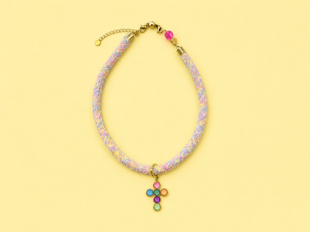 Textured Cord Necklace - Colorful Beaded Cross Charm-Blakely