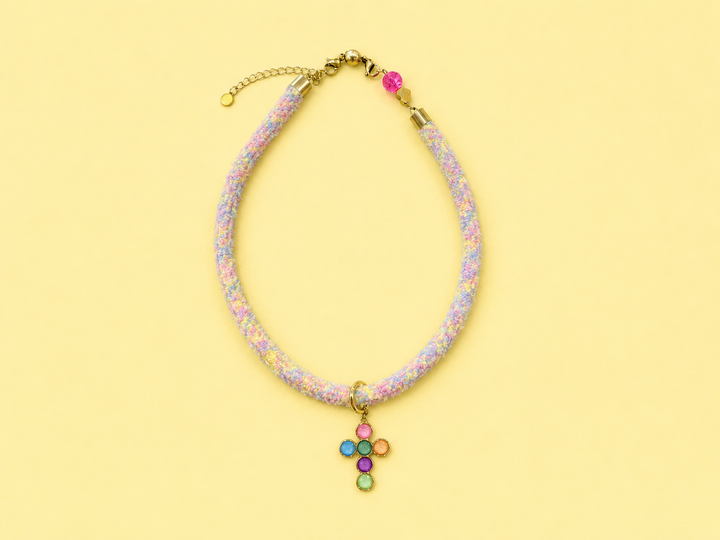 Textured Cord Necklace - Colorful Beaded Cross Charm-Blakely