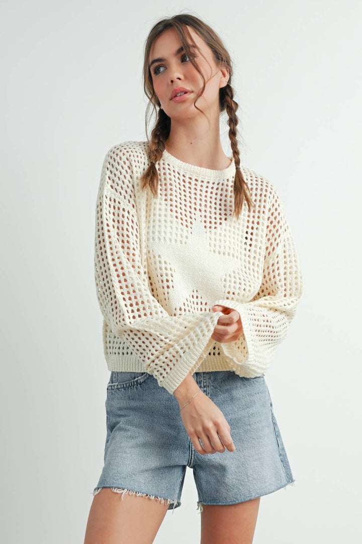 Women's Sweaters - Star Crew Neck Crochet Sweater - - Cultured Cloths Apparel