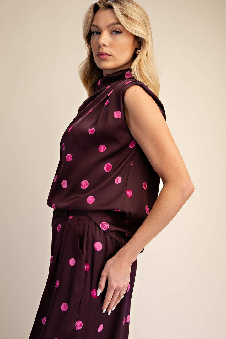Cowl Mock Neck Pleats Shoulder Sleeveless Top Polka Dot