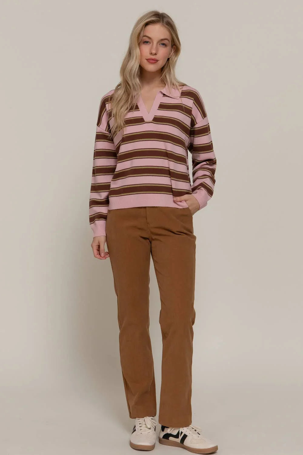 Women's Sweaters - Long Sleeve Multi Stripe Polo Sweater - - Cultured Cloths Apparel