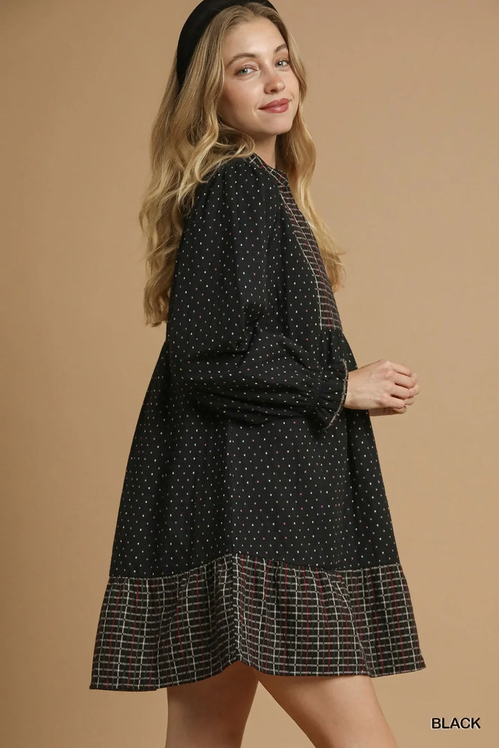 Women's Dresses - Umgee Polka Dot Plaid Trim Babydoll Dress - - Cultured Cloths Apparel