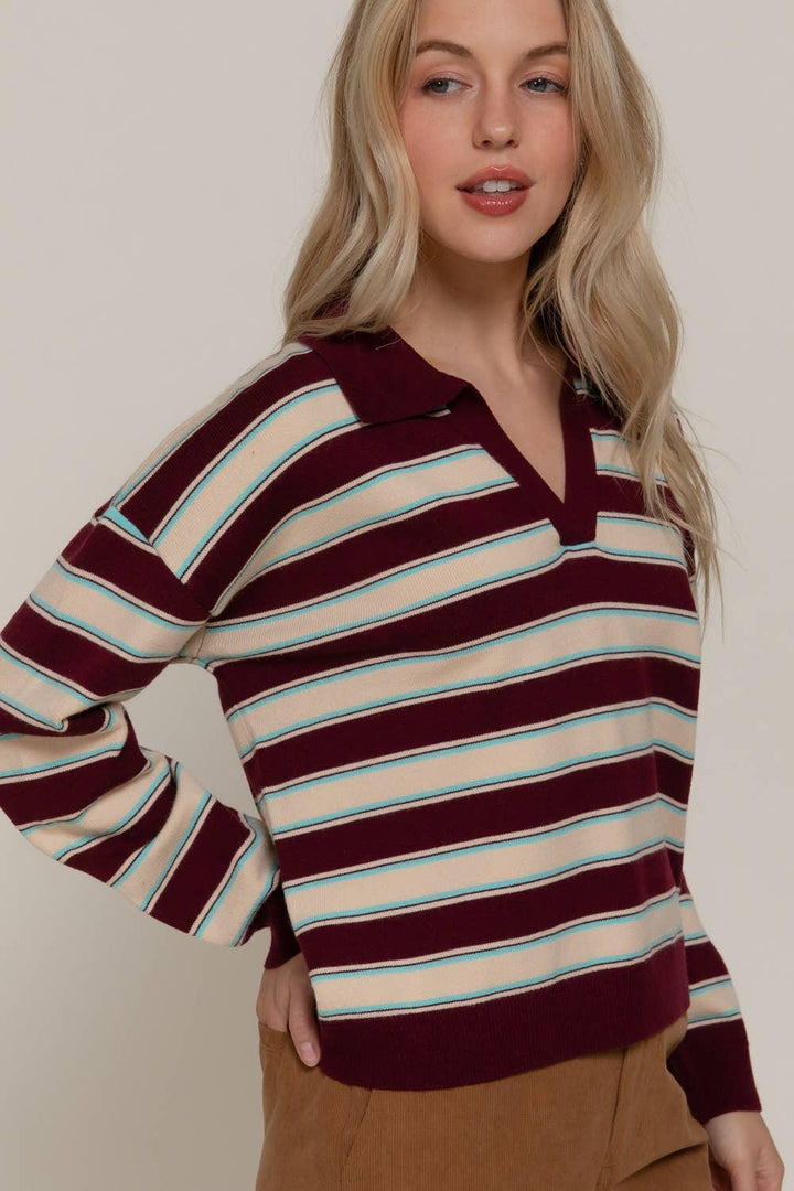 Women's Sweaters - Long Sleeve Multi Stripe Polo Sweater - - Cultured Cloths Apparel