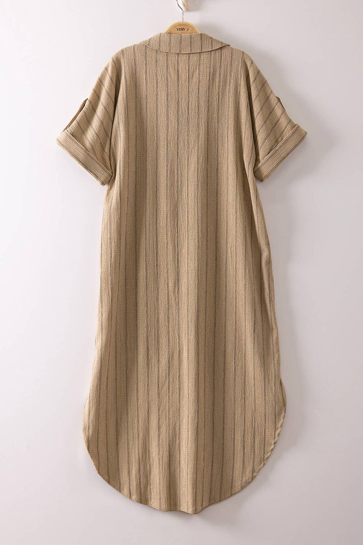 Dresses - Striped Linen Midi Button Down Shirt Dress - - Cultured Cloths Apparel